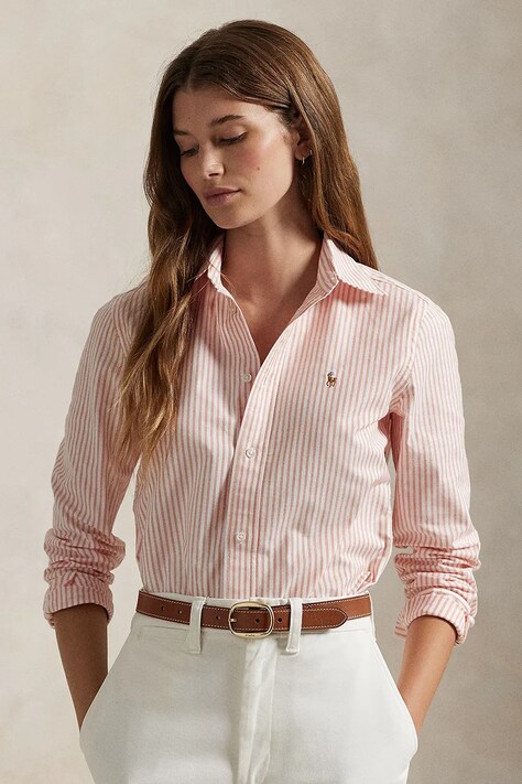Риза Polo Ralph Lauren дамска в синьо със стандартна кройка с класическа яка 211941508