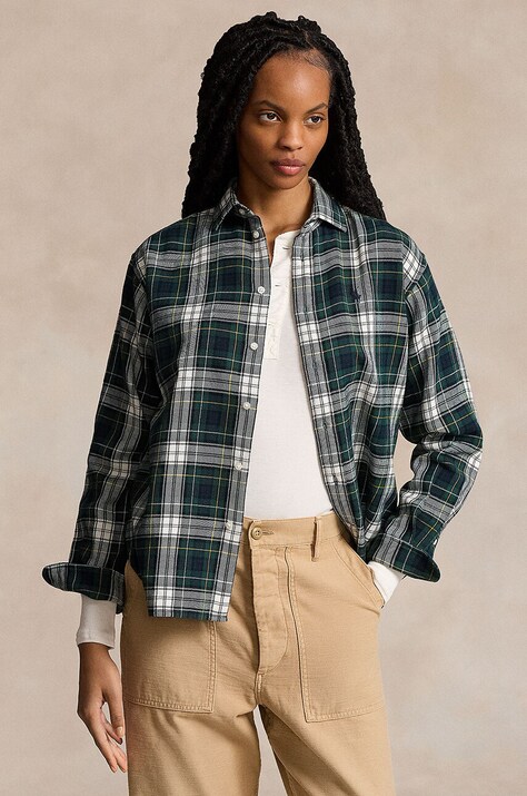 Polo Ralph Lauren camasa din bumbac femei, culoarea albastru marin, cu guler clasic, relaxed, 211923863