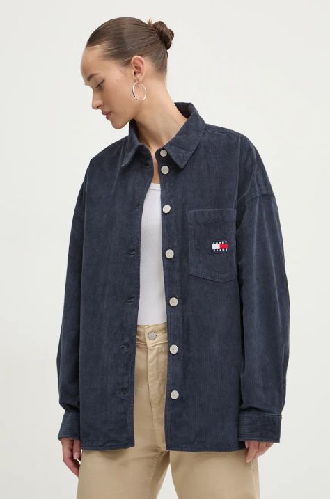 Manšestrová košile Tommy Jeans tmavomodrá barva, relaxed, s klasickým límcem, DW0DW18619