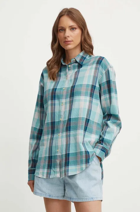 Памучна риза Lauren Ralph Lauren дамска в тюркоазено със свободна кройка с класическа яка 200947644