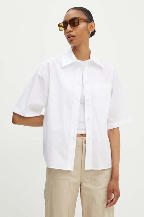 Pamučna košulja Moschino Jeans za žene, boja: bijela, relaxed, s klasičnim ovratnikom, 0204.8231
