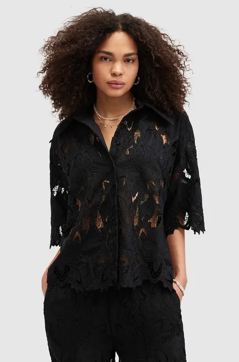 Košeľa AllSaints CHARLI EMB dámska, čierna farba, voľný strih, s klasickým golierom, W042PA