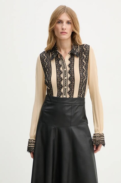Шелковая рубашка The Kooples цвет бежевый regular классический воротник FCCL29002K