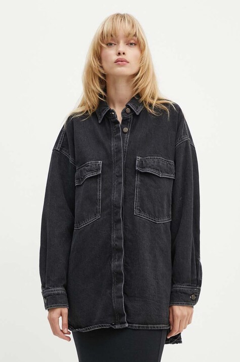 American Vintage camasa jeans femei, culoarea negru, cu guler clasic, relaxed, YOP06CH24