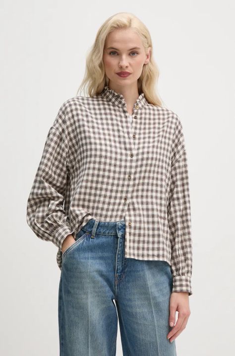 Pepe Jeans cămașă PRIYA femei, culoarea bej, cu guler stand-up, regular, PL304933