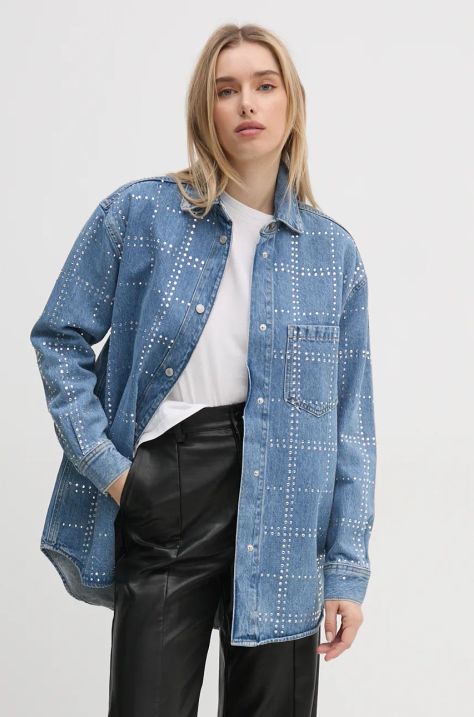 Риза Pepe Jeans OVERSHIRT GLITTER дамска в синьо със стандартна кройка с класическа яка PL304958