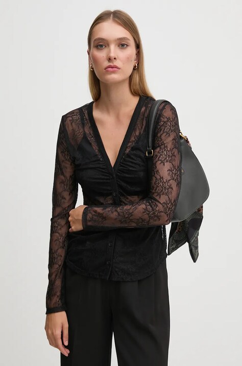 Sisley camasa femei, culoarea negru, slim, 59IWLQ07O