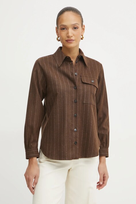 Marella camasa de lana femei, culoarea maro, cu guler clasic, regular, 2423196042200