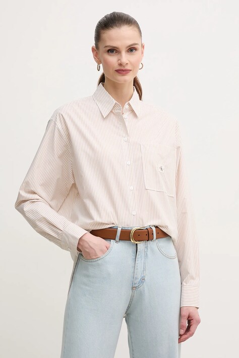 Bavlněná košile Calvin Klein Jeans růžová barva, relaxed, s klasickým límcem, J20J224436