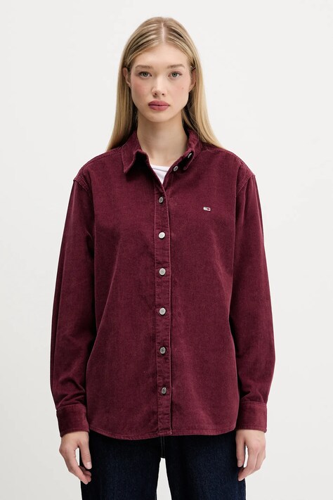 Tommy Jeans camasa din velur culoarea bordo, cu guler clasic, relaxed, DW0DW18871