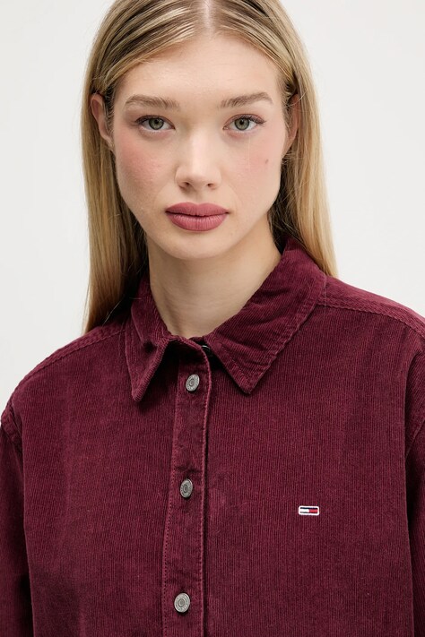 Tommy Jeans camasa din velur culoarea bordo, cu guler clasic, relaxed, DW0DW18871