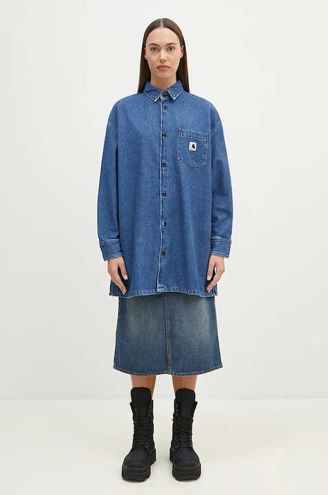 Дънкова риза Carhartt WIP Glennon Shirt Jac дамска в синьо със свободна кройка с класическа яка I033775.0106