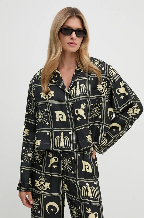 Копринена риза Nanushka VALLY в черно със свободна кройка с класическа яка NW24PFTP5499