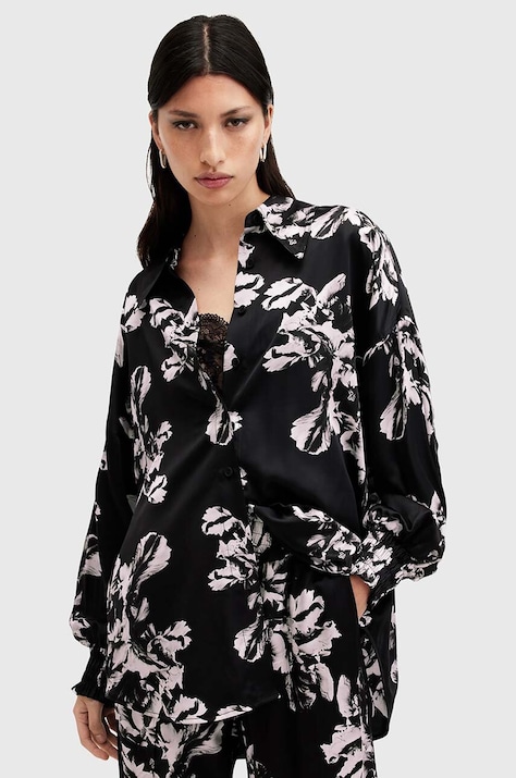 Košulja s primjesom svile AllSaints CHARLI SHIRT boja: crna, relaxed, s klasičnim ovratnikom, W010PB