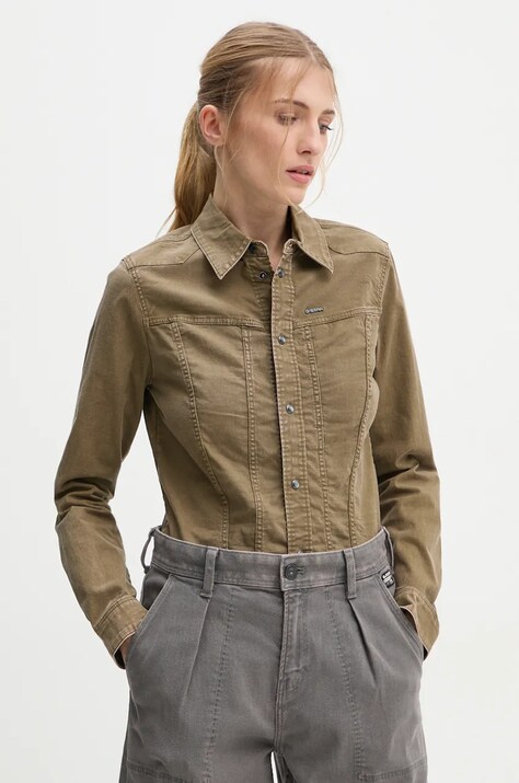 G-Star cămașă din denim femei, culoarea verde, cu guler clasic, regular, D25243-D729