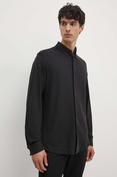 Памучна риза Calvin Klein мъжка в черно със стандартна кройка с яка с копче K10K113311