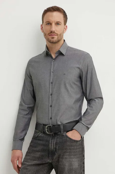 Риза Calvin Klein мъжка в сиво с кройка по тялото с класическа яка K10K113165