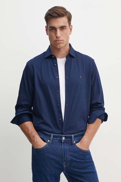 Tommy Hilfiger camasa din bumbac barbati, culoarea albastru marin, cu guler italian, slim, MW0MW35805