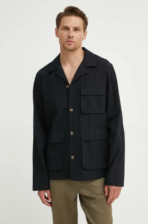 Βαμβακερό πουκάμισο Les Deux ανδρικό, χρώμα: μαύρο, LDM640096