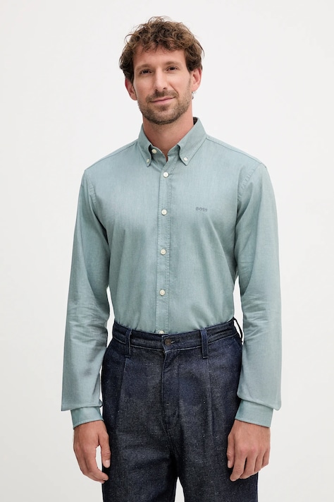 Хлопковая рубашка BOSS Orange мужская цвет зелёный regular воротник button-down 50519707