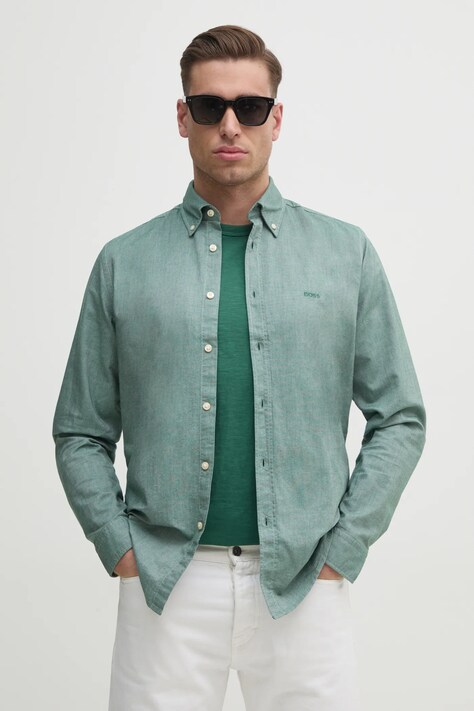 Βαμβακερό πουκάμισο BOSS Orange ανδρικό, χρώμα: πράσινο, 50519707