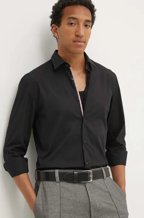 HUGO koszula bawełniana męska kolor czarny slim z kołnierzykiem włoskim 50519819