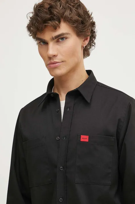 Košeľa HUGO pánska, čierna farba, regular, s klasickým golierom, 50519614