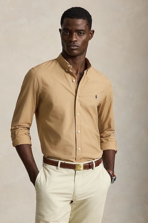 Polo Ralph Lauren koszula męska bawełniana z elastanem brązowa gładka 710929348