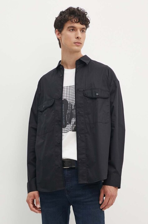 Armani Exchange camasa din bumbac barbati, culoarea negru, cu guler clasic, relaxed, 6DZCL7 ZN3CZ
