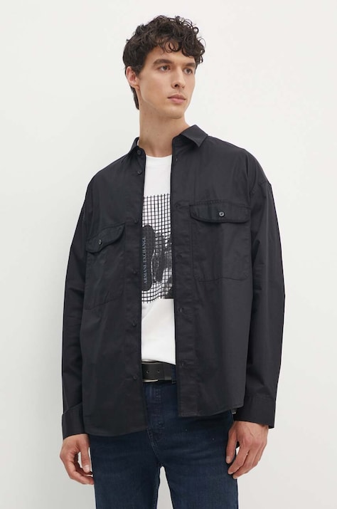 Хлопковая рубашка Armani Exchange мужская цвет чёрный relaxed классический воротник 6DZCL7 ZN3CZ