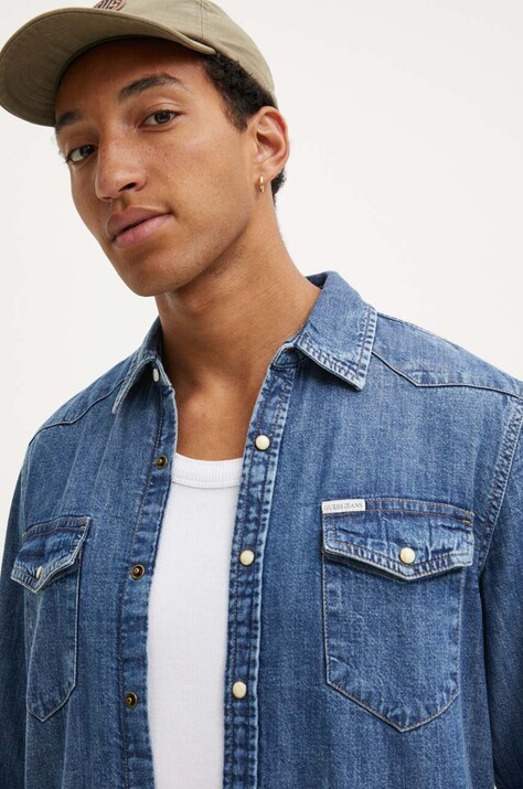 Guess Jeans camasa jeans barbati, cu guler clasic, slim, M4YH55 D5EI1