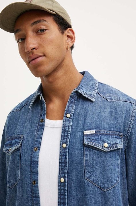 Guess Jeans camasa jeans barbati, cu guler clasic, slim, M4YH55 D5EI1