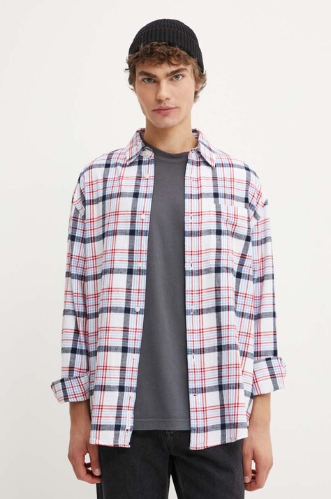 Tommy Jeans camasa din bumbac barbati, culoarea alb, cu guler clasic, relaxed, DM0DM19532