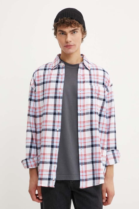 Tommy Jeans camasa din bumbac barbati, culoarea alb, cu guler clasic, relaxed, DM0DM19532