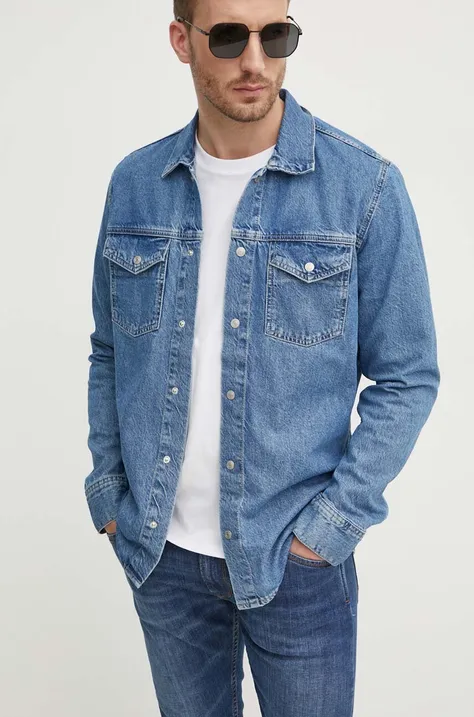 Džínová košile Pepe Jeans REGULAR OVERSHIRT pánská, tmavomodrá barva, relaxed, s klasickým límcem, PM308584MS3