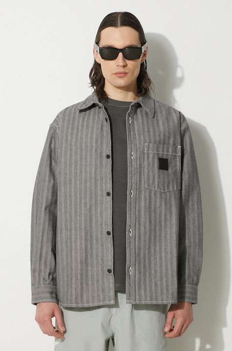 Carhartt WIP camasa din bumbac Menard barbati, culoarea gri, cu guler clasic, relaxed, I033577.9102