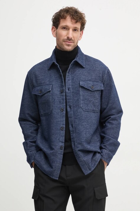United Colors of Benetton camasa din bumbac barbati, culoarea albastru marin, cu guler clasic, regular, 5E5YUQ04Z