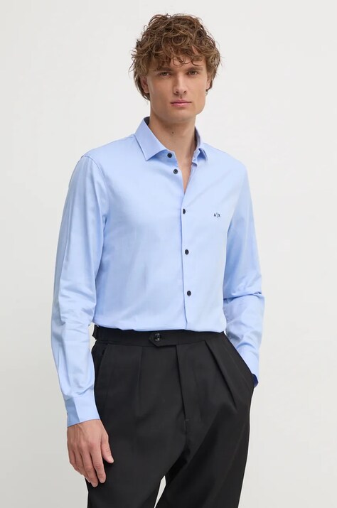Armani Exchange koszula bawełniana męska kolor niebieski regular z kołnierzykiem włoskim 6DZC22 ZN5SZ