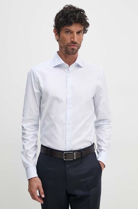 Βαμβακερό πουκάμισο Joop! ανδρικό, χρώμα: άσπρο, 30043591