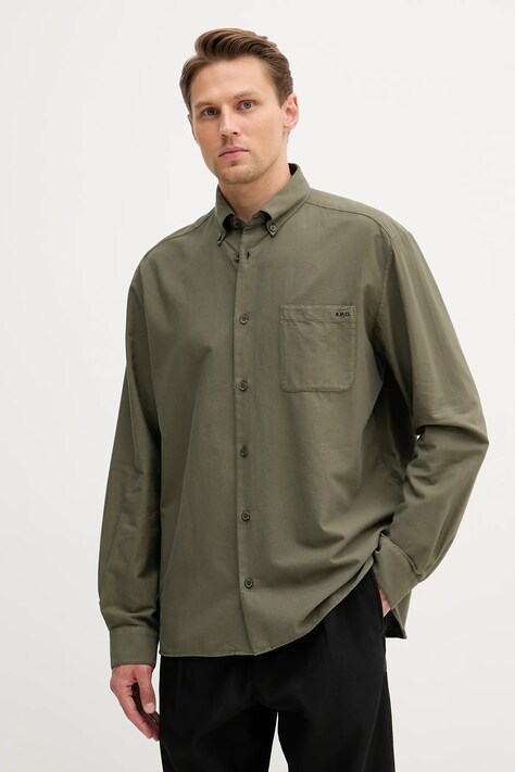 A.P.C. koszula bawełniana Chemise Mateo Logo męska kolor zielony relaxed z kołnierzykiem button-down COHAH.H12599