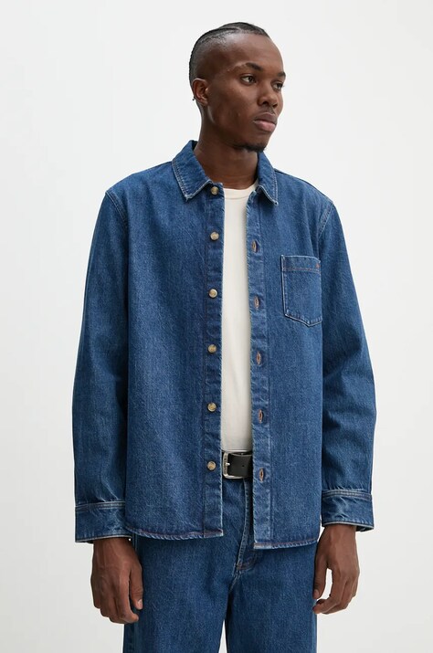 A.P.C. camasa jeans surchemise vittorio brodee barbati, culoarea albastru marin, cu guler clasic, regular, COHTD.H02837