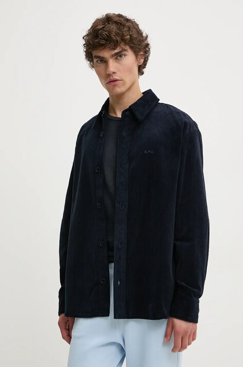 A.P.C. camasa din velur surchemise bobby culoarea albastru marin, cu guler clasic, regular, COHBB.H02976
