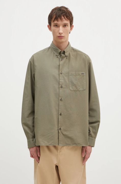 A.P.C. cotton shirt Chemise Mateo Logo men's green color relaxed COHAH-H12599