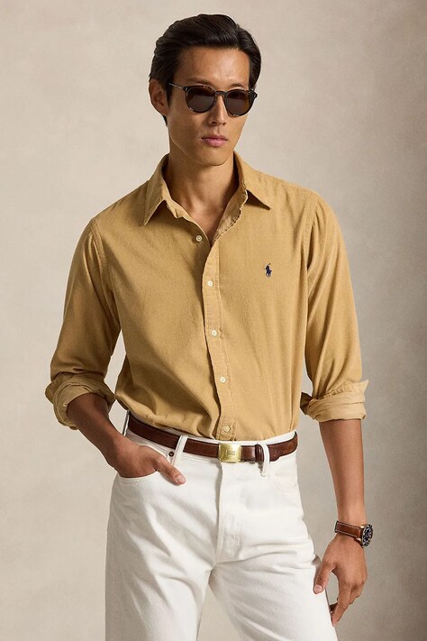 Polo Ralph Lauren Koszula męska bawełniana 21W Corduroy beżowa gładka 710853123