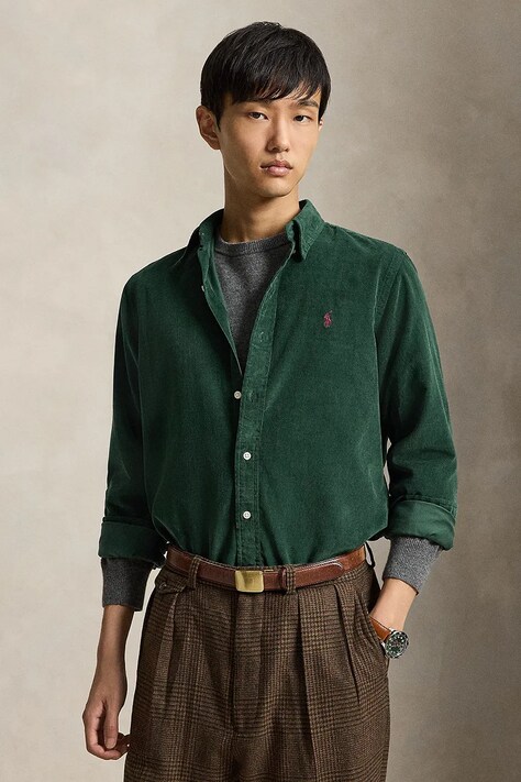 Polo Ralph Lauren Koszula męska bawełniana 21W Corduroy zielona gładka 710853123