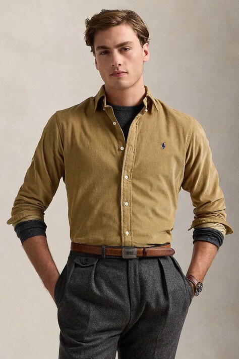 Хлопковая рубашка Polo Ralph Lauren 21W Corduroy мужская цвет коричневый regular классический воротник 710853123