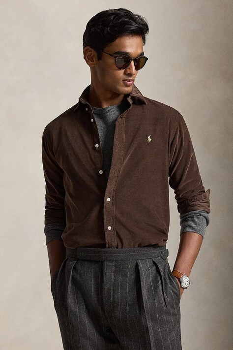 Polo Ralph Lauren Koszula męska bawełniana 21W Corduroy brązowa gładka 710853123