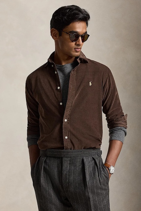 Polo Ralph Lauren Koszula męska bawełniana 21W Corduroy brązowa gładka 710853123
