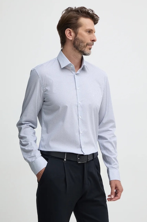 Риза Calvin Klein мъжка в бяло с кройка по тялото с класическа яка K10K113548