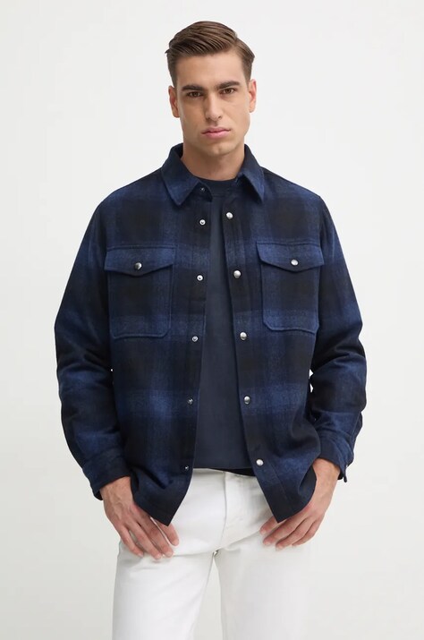 Tommy Hilfiger jachetă de cămașă din lână culoarea albastru marin, de tranzitie, MW0MW36852